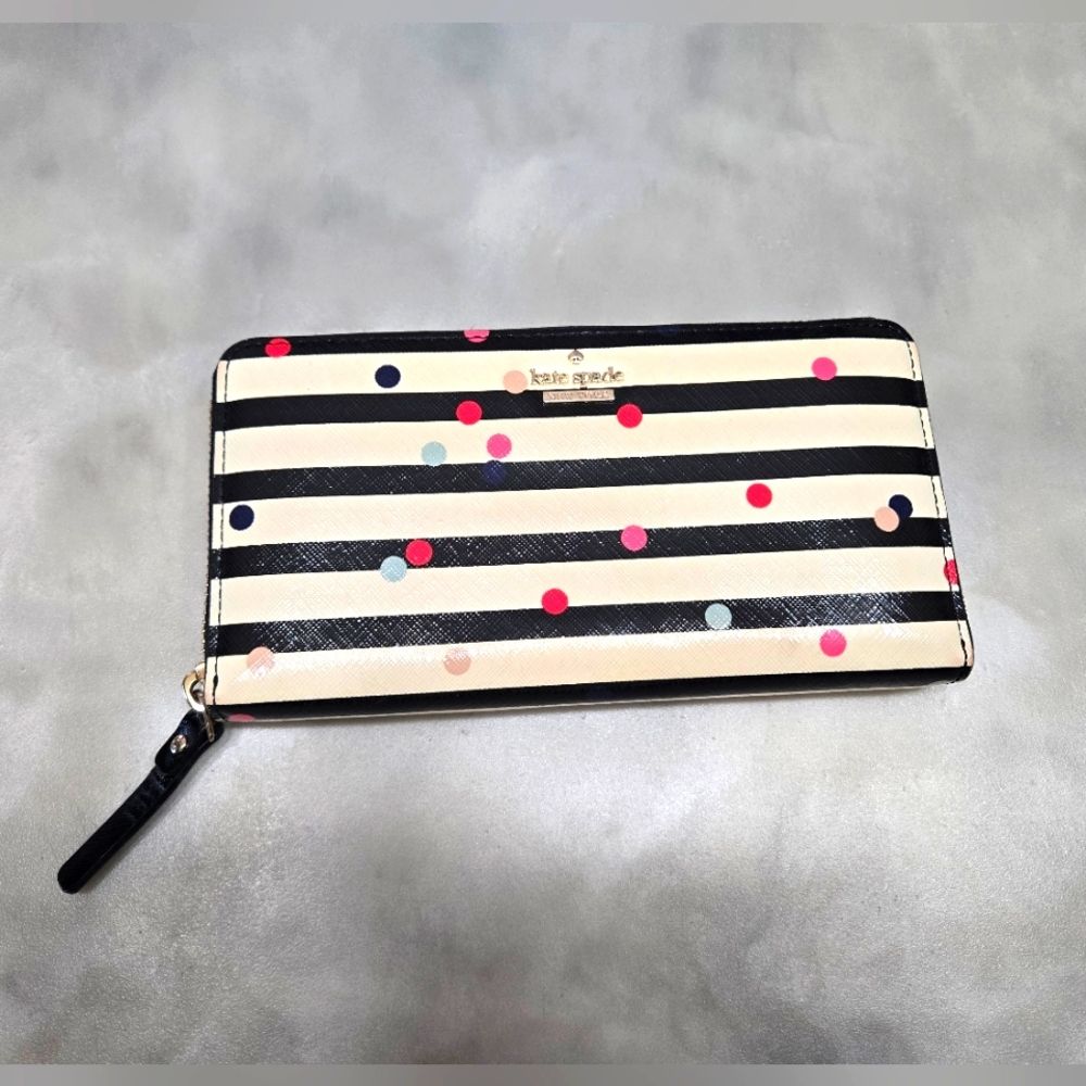 Kate Spade Black/Cream Wallet with Poka Dots Zip Around